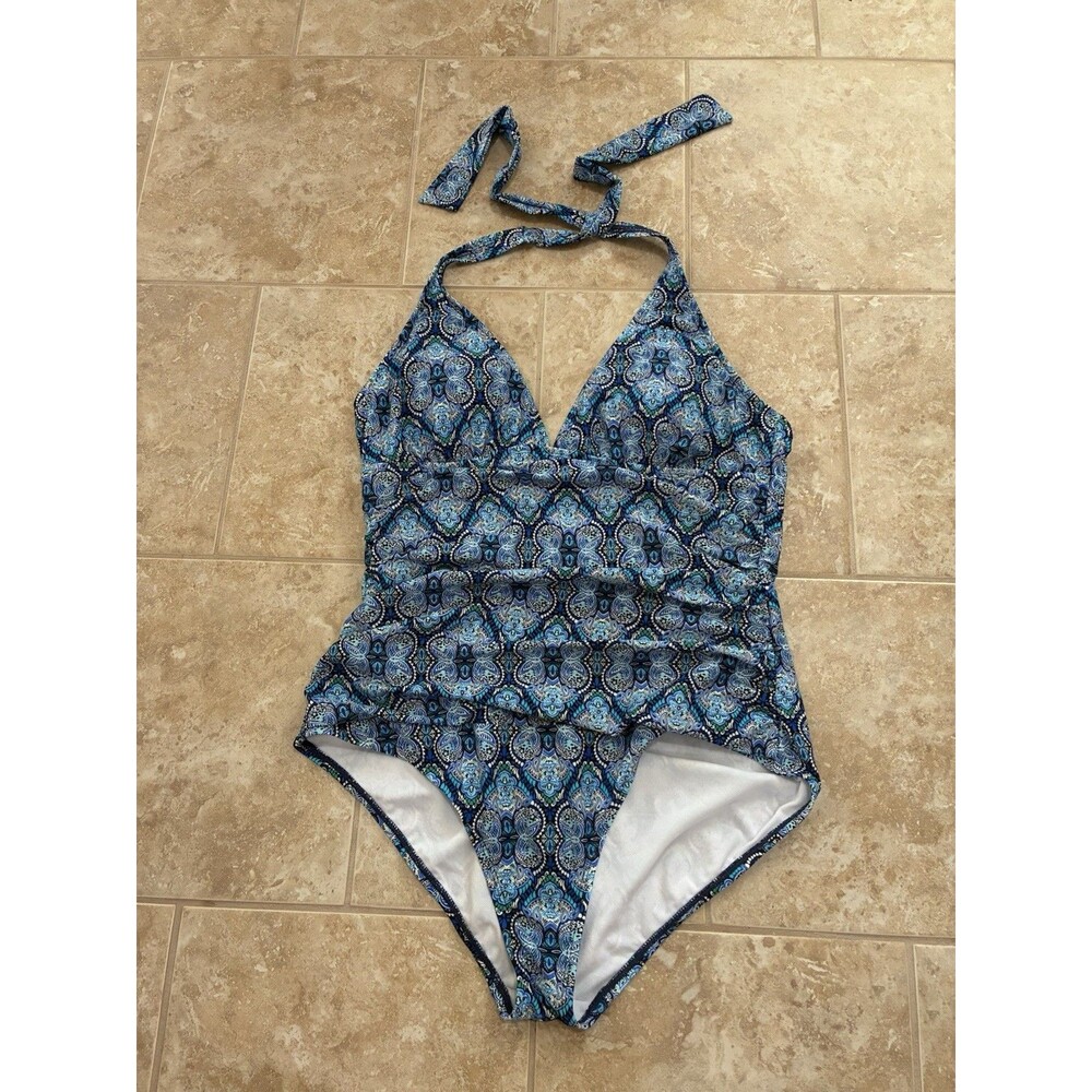 Chaps Swimsuit Women One Piece Swimsuit Size 16 Blue Paisley Neck Tie